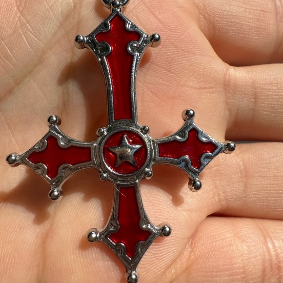 Halloween gothic Red crimson and Silver Cross Pendant Necklace Vintage gothic - Picture 5 of 10